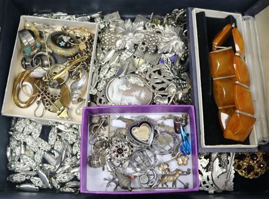 A quantity of mixed costume jewellery and other items including two gold rings, a gold brooch and silver items.